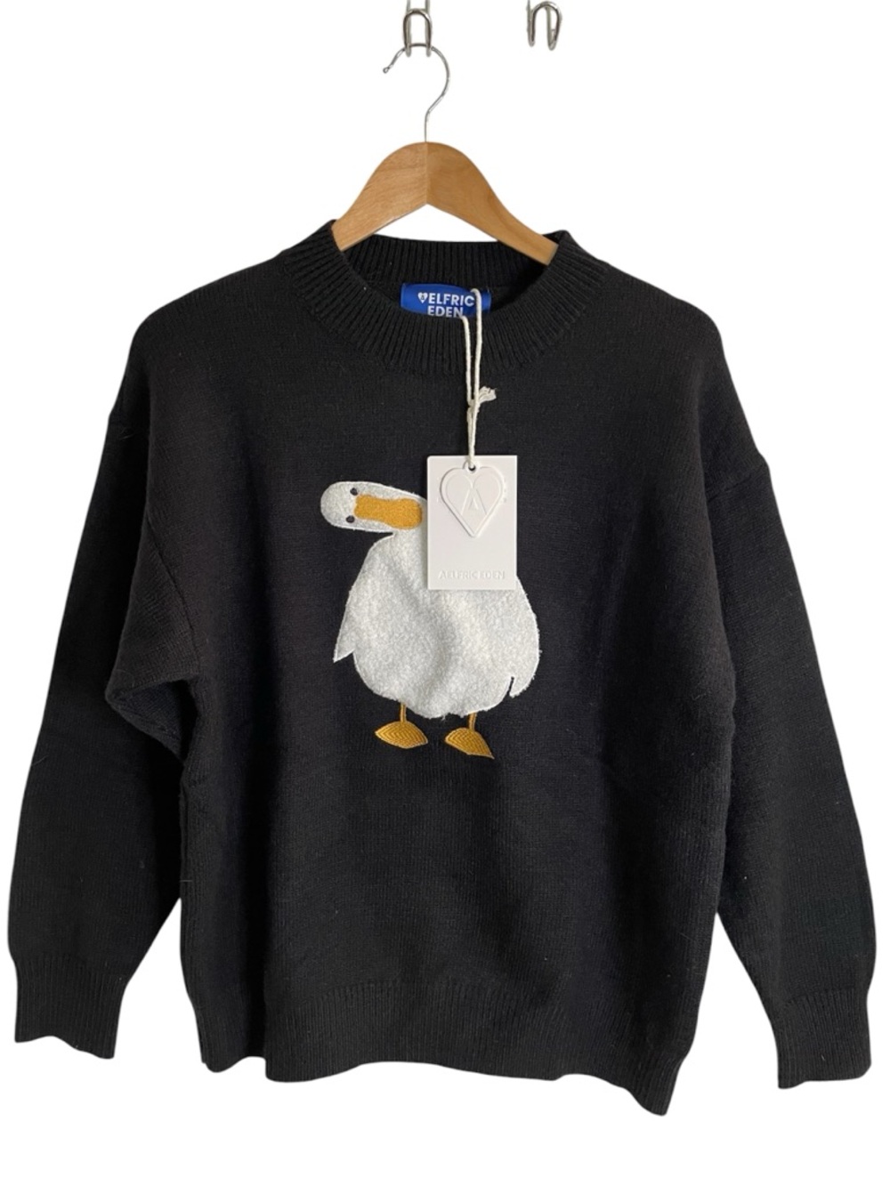 NEW Aelfric Eden Black Crewneck Sweater  White Duck and Yellow Accents Size XS